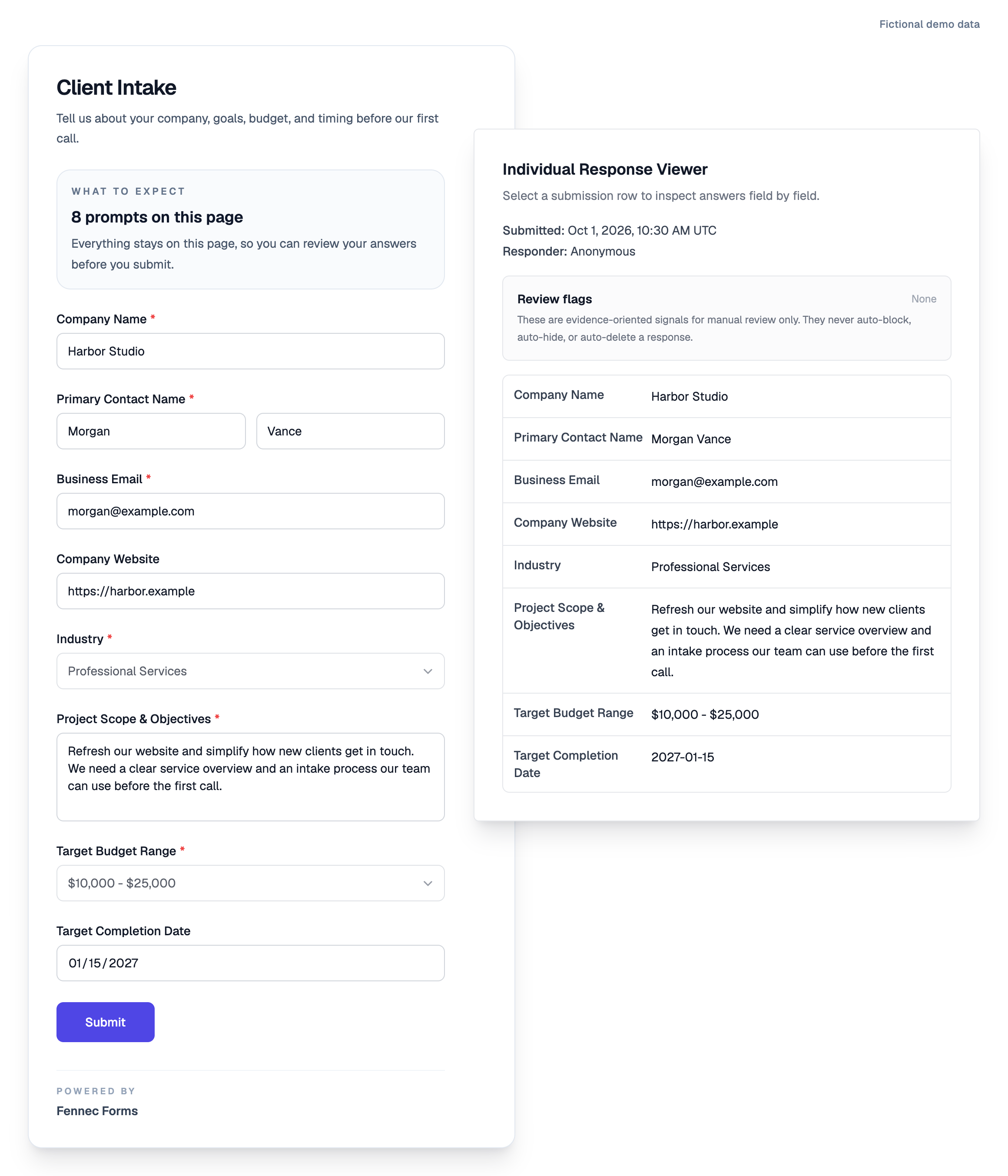 Client Intake form and response preview with fictional demo data